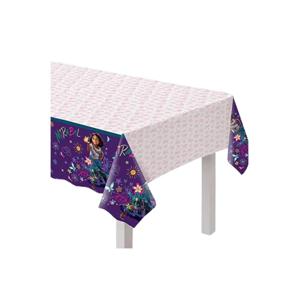 Purple Encanto plastic tablecover with Mirabel character and floral design birthday theme from Parte Haus party supply store in Bethesda MD