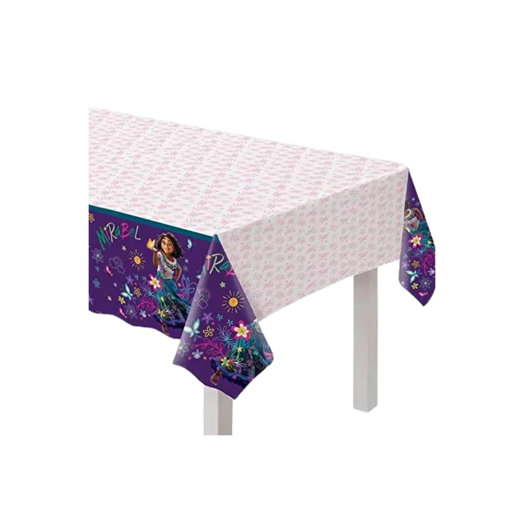 Purple Encanto plastic tablecover with Mirabel character and floral design birthday theme from Parte Haus party supply store in Bethesda MD