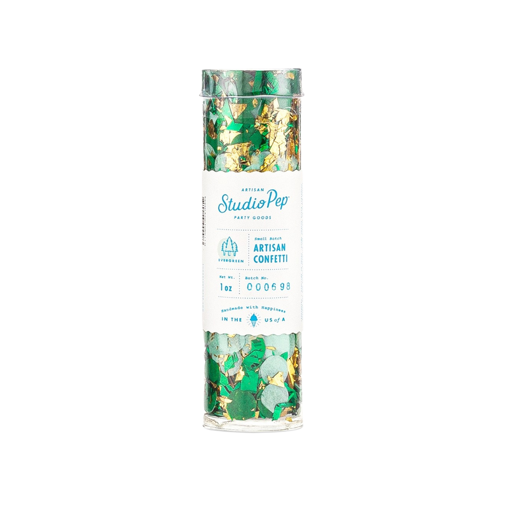 Evergreen artisan confetti in clear tube for celebrations from Parte Haus party supply store in Bethesda MD