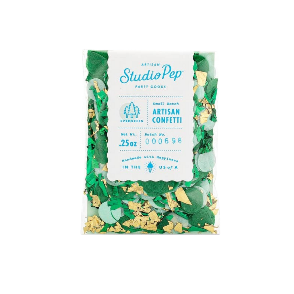 Green and gold artisan confetti in clear mini pack festive Evergreen celebration from Parte Haus party supply store in Bethesda MD