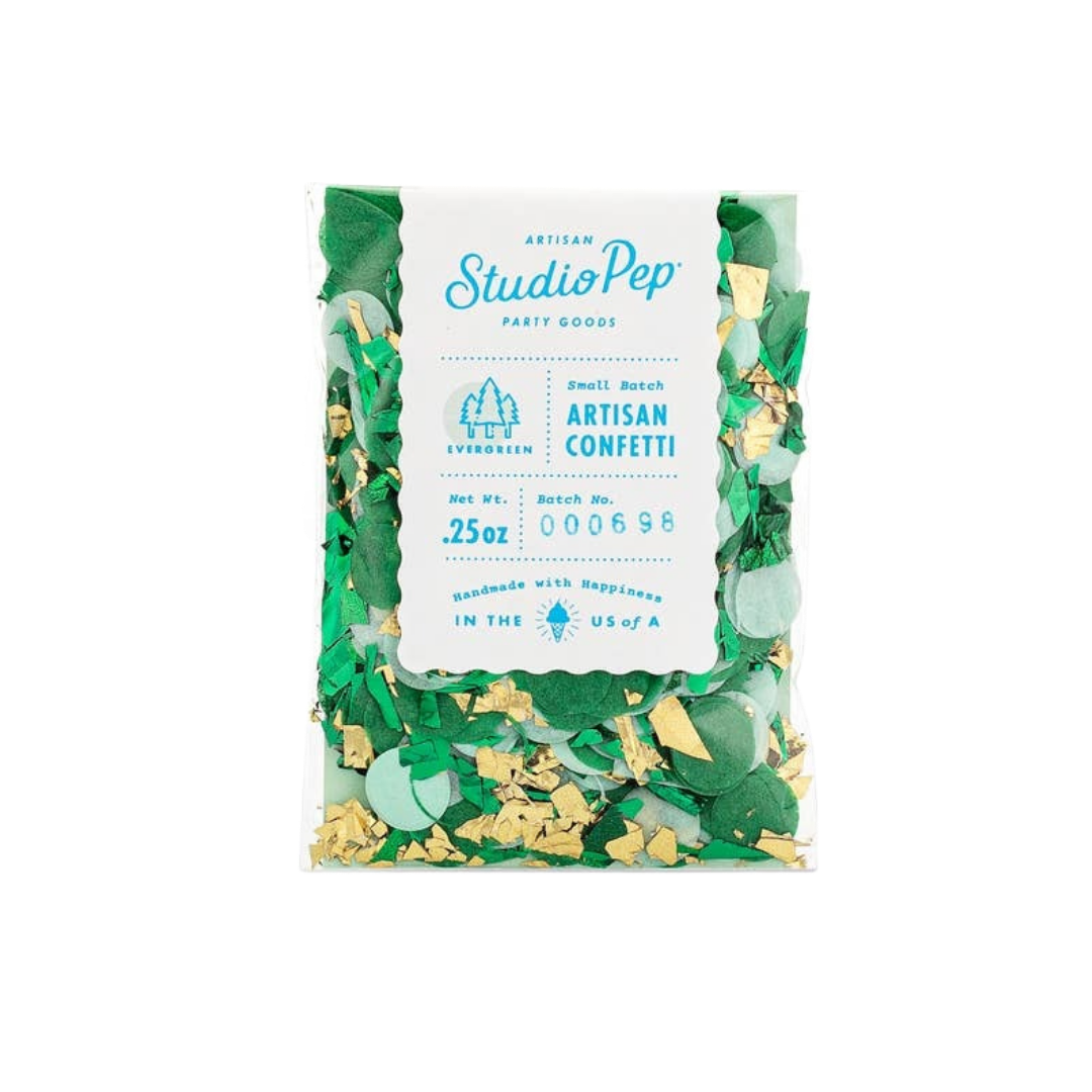 Green and gold artisan confetti in clear mini pack festive Evergreen celebration from Parte Haus party supply store in Bethesda MD