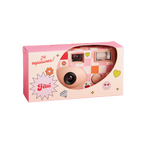 Pink checkered disposable camera in gift box for celebrations from Parte Haus party supply store in Bethesda MD.