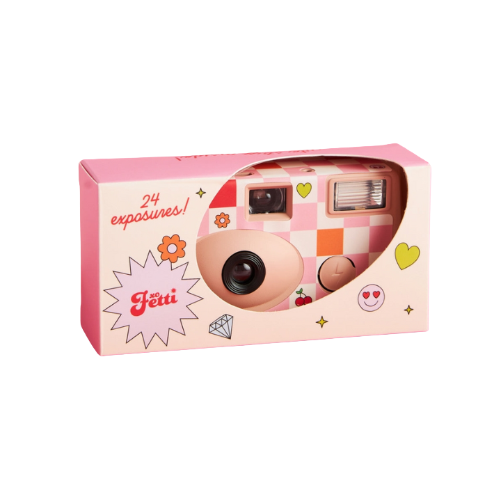 Pink checkered disposable camera in gift box for celebrations from Parte Haus party supply store in Bethesda MD.