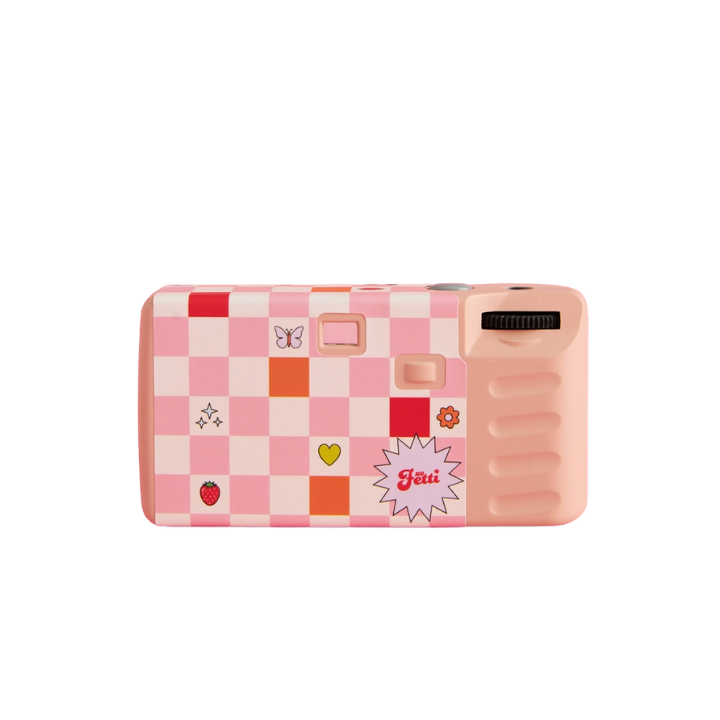 Pink and red checkerboard disposable camera with cute icons birthday from Parte Haus party supply store in Bethesda MD