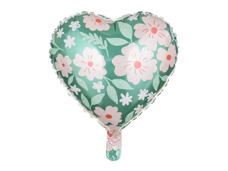 Pink and Green Flower Scatter Heart Shaped Foil Balloon, 14in