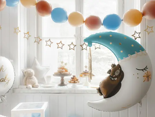 Giant White and Blue Sleepy Bear on the Moon Foil Balloon, 38in