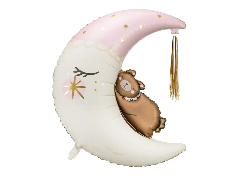 Giant White and Pink Sleepy Bear on the Moon Foil Balloon, 38in