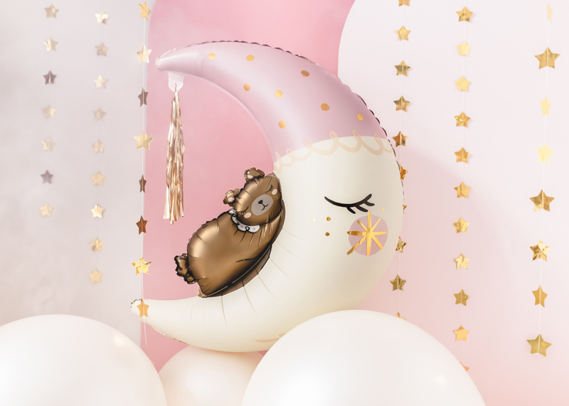 Giant White and Pink Sleepy Bear on the Moon Foil Balloon, 38in