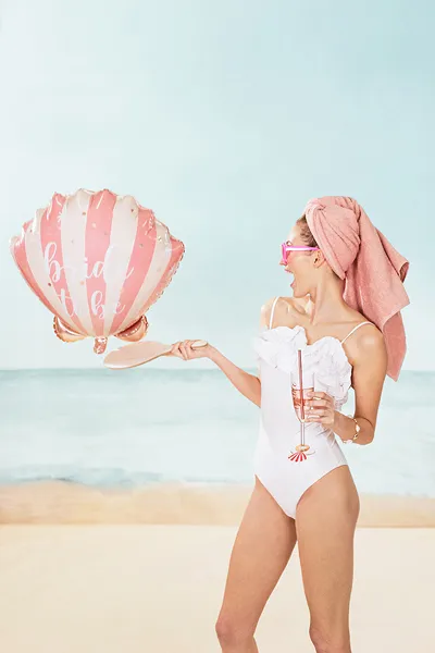 Pink and White Stripe Seashell Shaped Bridal Shower Foil Balloon, 20in
