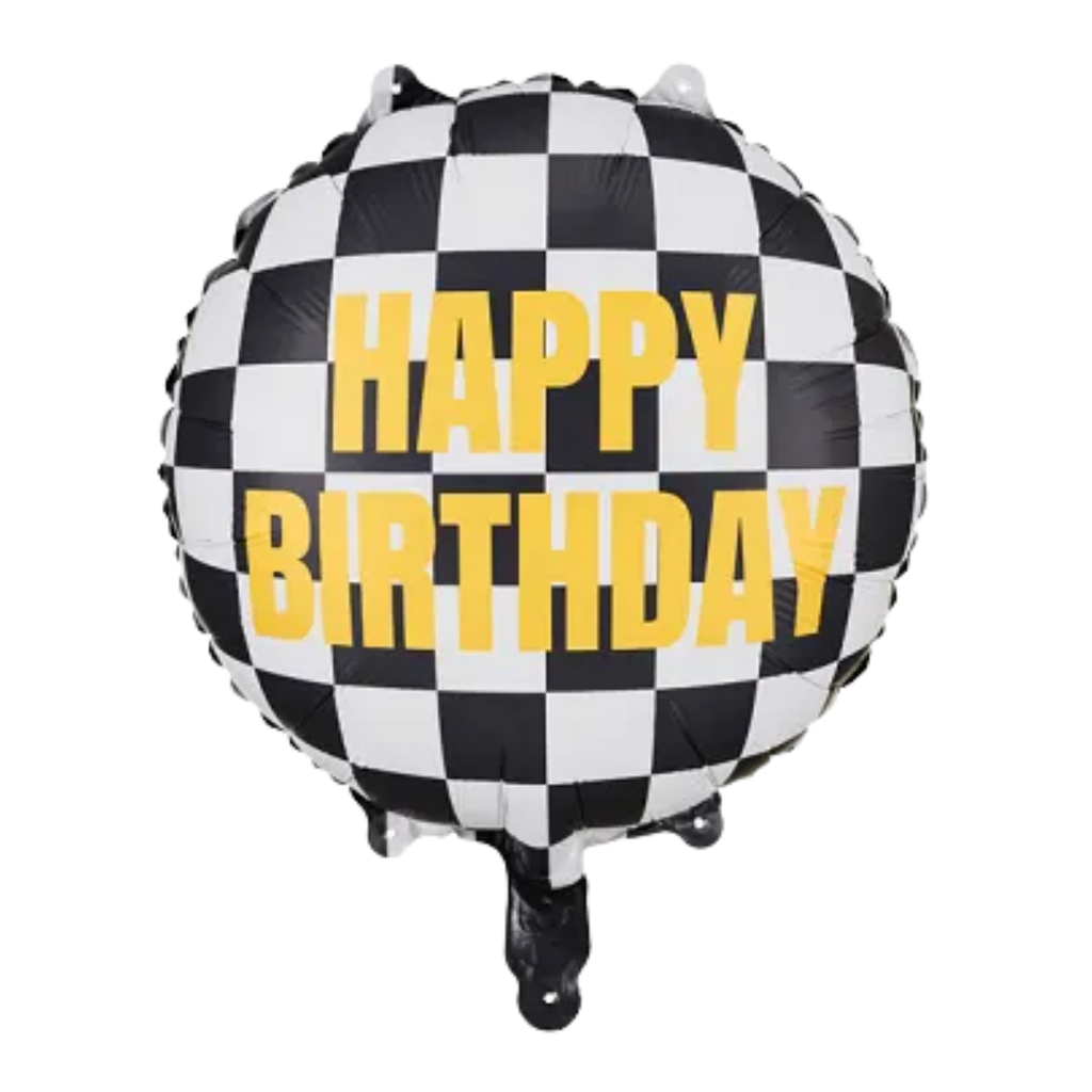 Black and White Checkered Flag "Happy Birthday" Foil Balloon, 14in