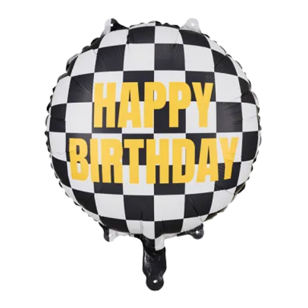 Black and White Checkered Flag "Happy Birthday" Foil Balloon, 14in