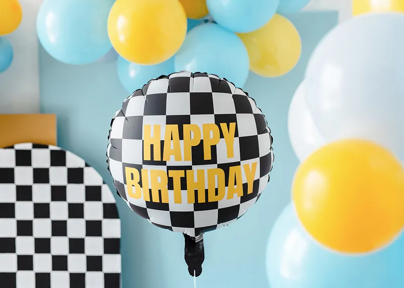 Black and White Checkered Flag "Happy Birthday" Foil Balloon, 14in