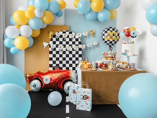 Black and White Checkered Flag "Happy Birthday" Foil Balloon, 14in