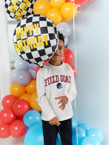 Black and White Checkered Flag "Happy Birthday" Foil Balloon, 14in
