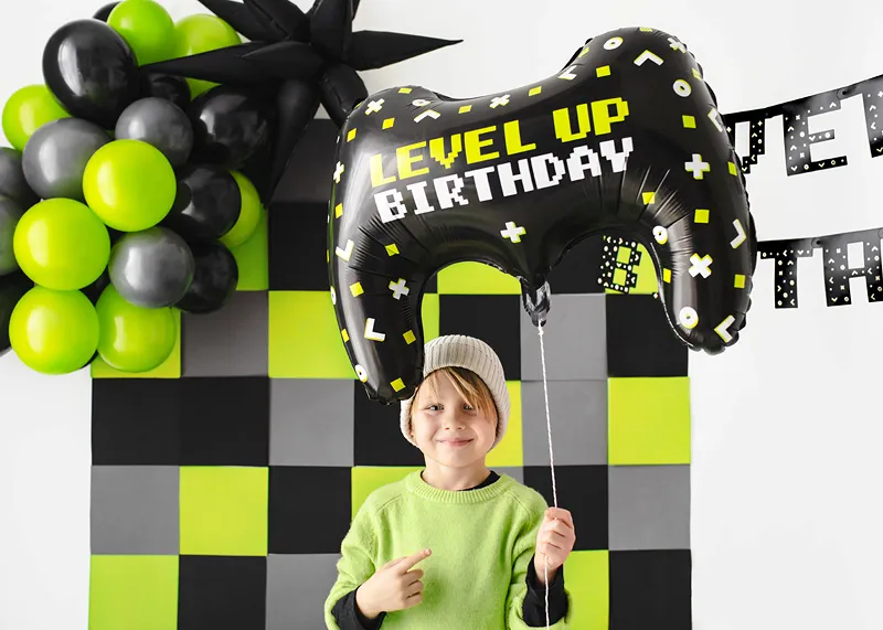 Black Gamepad Shaped "Happy Birthday" Foil Balloon, 25in (SAMPLE)