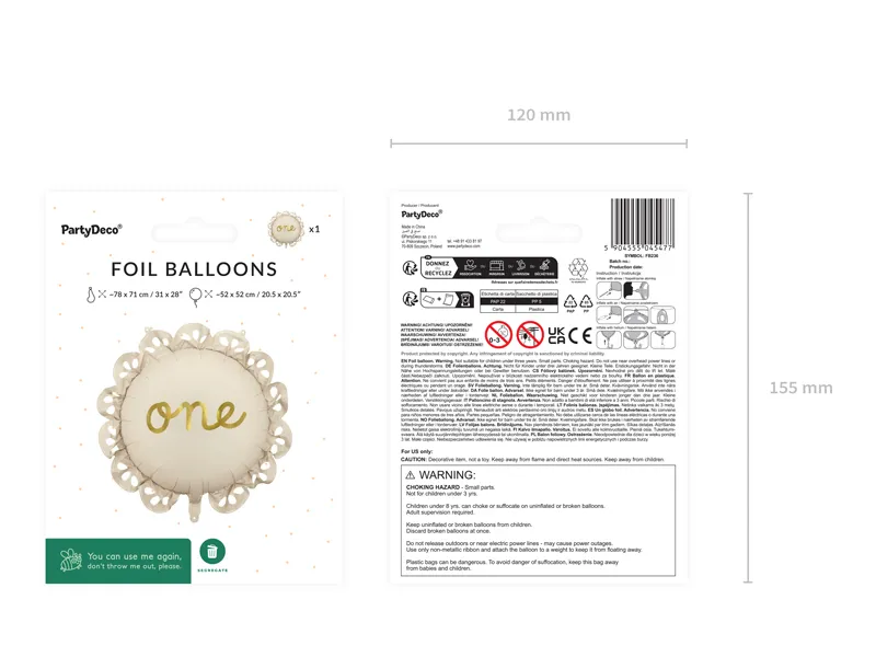 White and Gold First Birthday "One" Round Foil Balloon, 20in