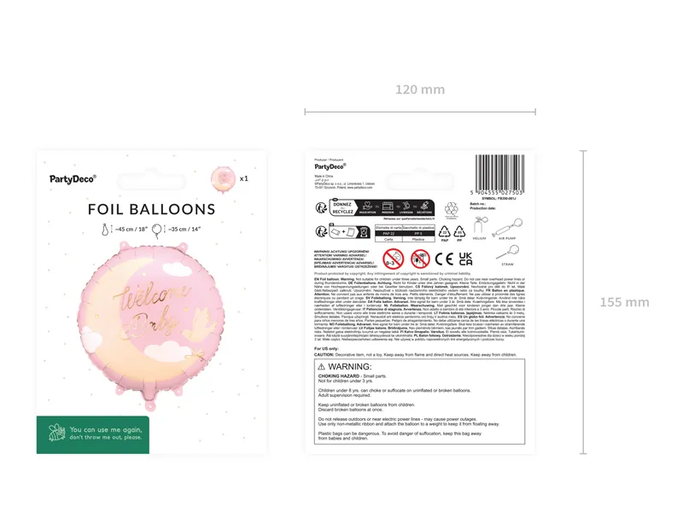 Pink Moon and Sky Welcome Baby Foil Balloon, 14in