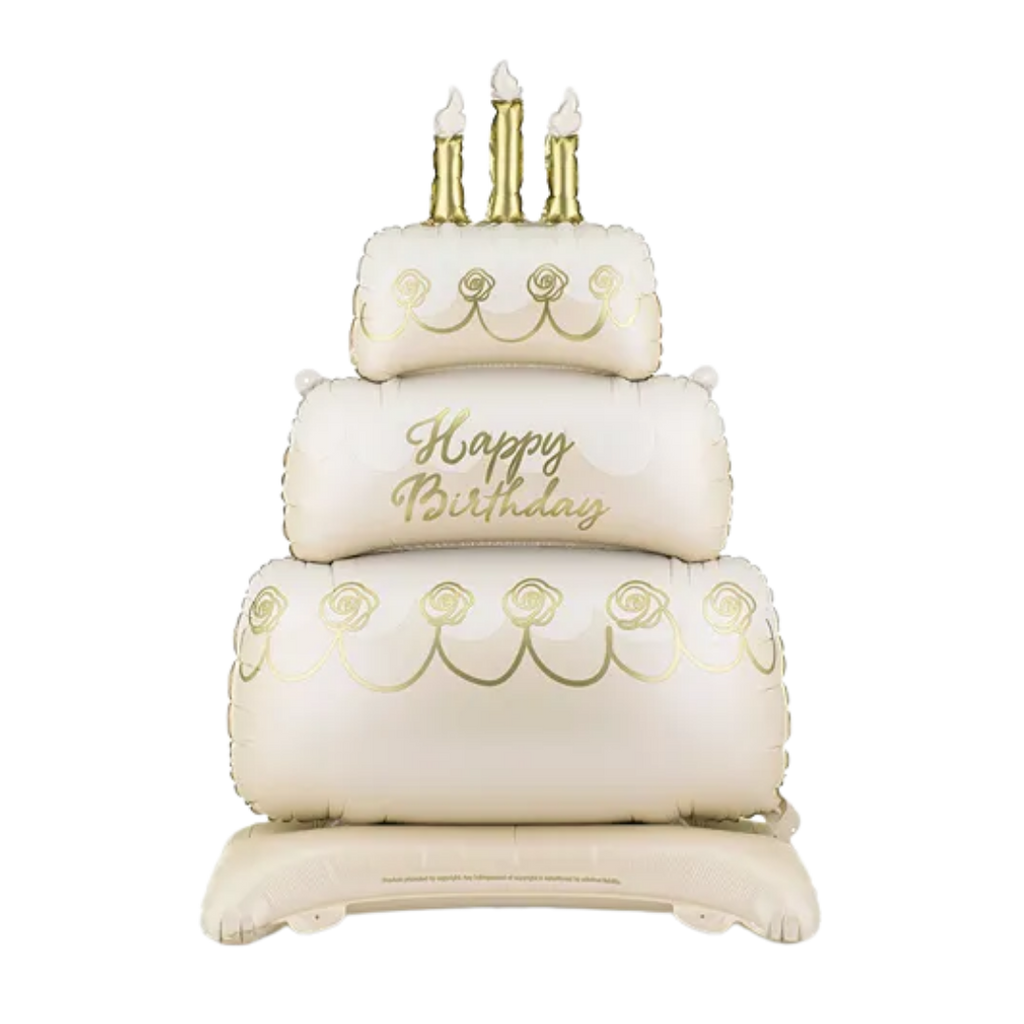 Giant White and Gold Cake "Happy Birthday" Standing Foil Balloon, 39in