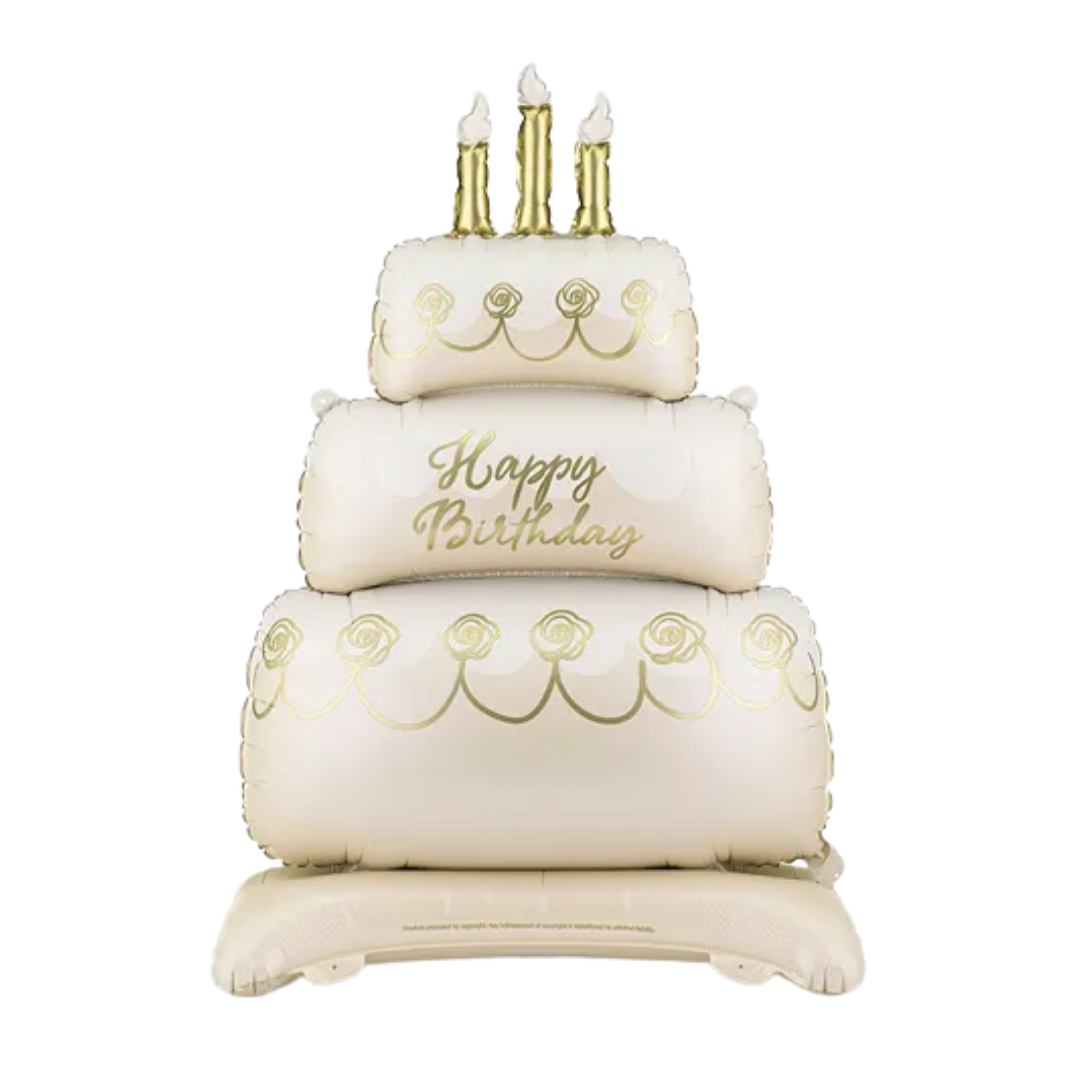 Giant White and Gold Cake "Happy Birthday" Standing Foil Balloon, 39in