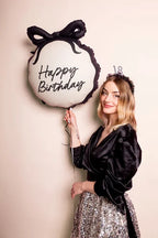 Black and Cream "Happy Birthday" Ribbon Scalloped Foil Balloon, 18in