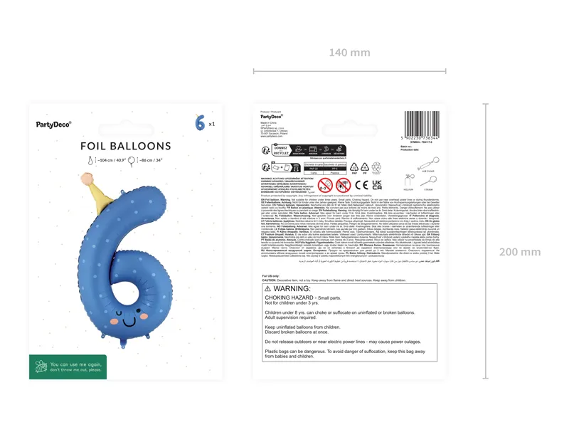 Blue Birthday Number 6 Foil Balloon, 34in