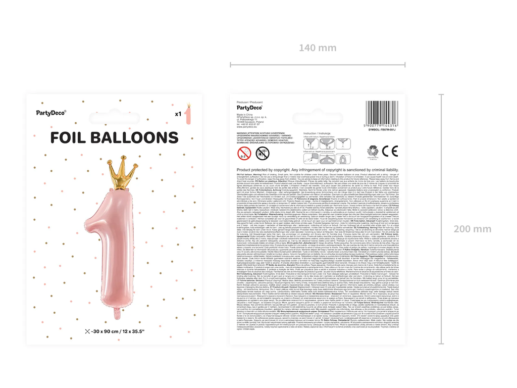 Giant Pink and Gold Crowned Number 1 Foil Balloon, 39in