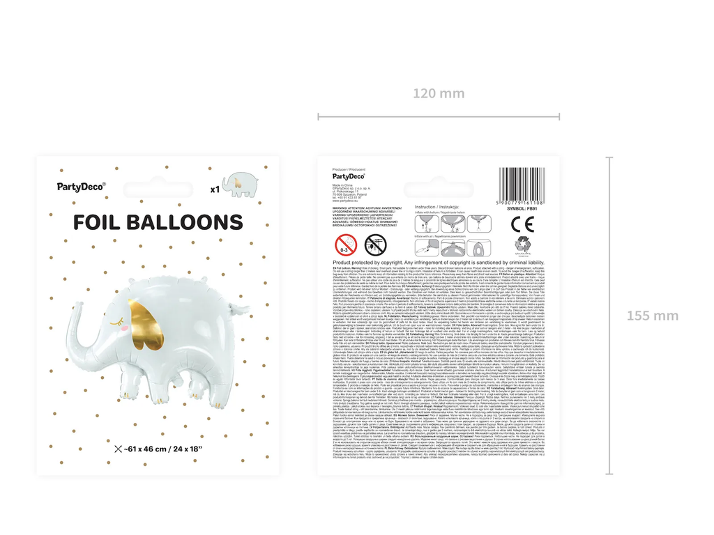 White and Gold Elephant Foil Balloon, 32in
