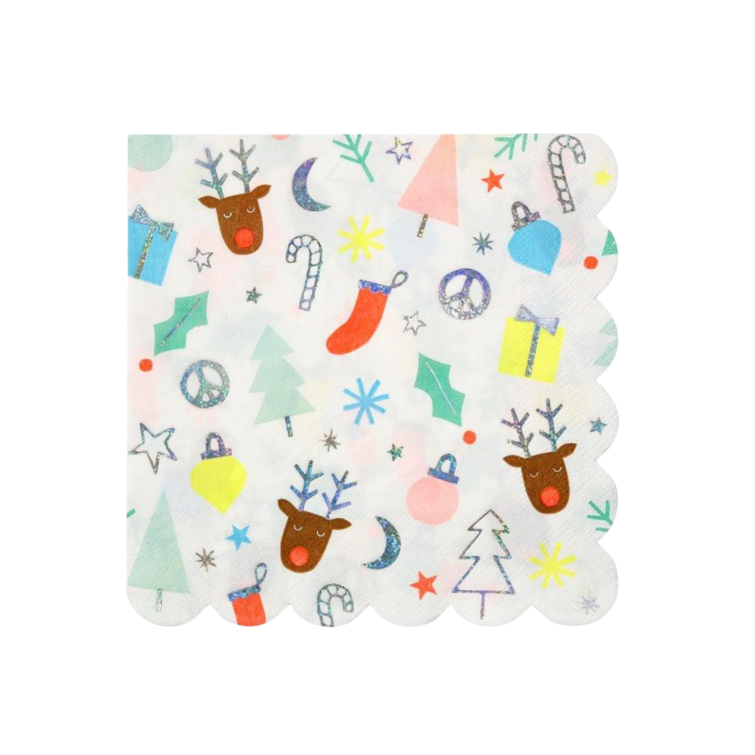 White festive napkin with colorful Christmas prints holiday theme from Parte Haus party supply store in Bethesda MD