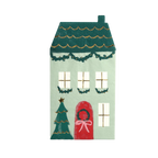 Green and red house-shaped napkin with festive garlands Christmas theme from Parte Haus party supply store in Bethesda MD.