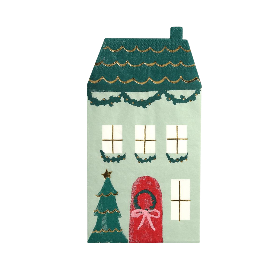 Green and red house-shaped napkin with festive garlands Christmas theme from Parte Haus party supply store in Bethesda MD.