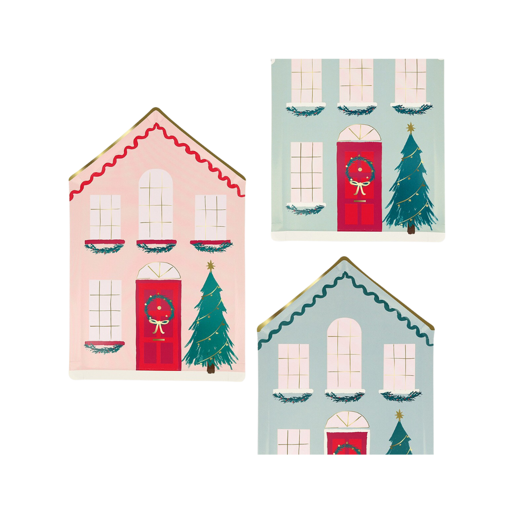 Pink and blue holiday house shaped plates with Christmas tree design Christmas theme from Parte Haus party supply store in Bethesda MD