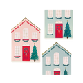 Pink and blue holiday house shaped plates with Christmas tree design Christmas theme from Parte Haus party supply store in Bethesda MD