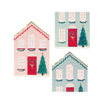 Pink and blue holiday house shaped plates with Christmas tree design Christmas theme from Parte Haus party supply store in Bethesda MD