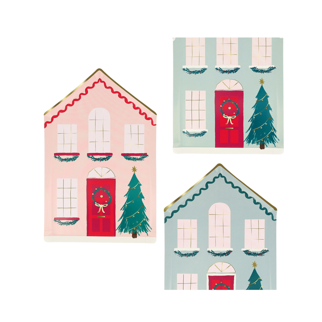 Pink and blue holiday house shaped plates with Christmas tree design Christmas theme from Parte Haus party supply store in Bethesda MD