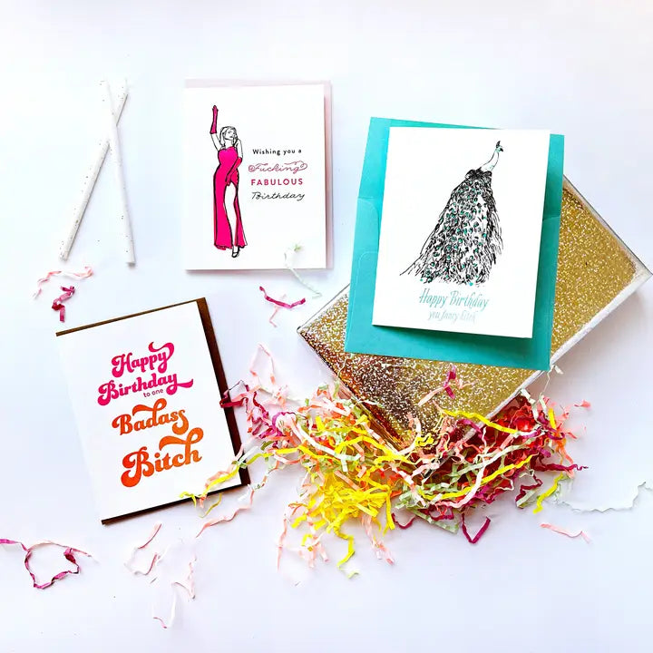 colorful letterpress birthday greeting cards with fun designs for birthday theme from Parte Haus party supply store in Bethesda MD