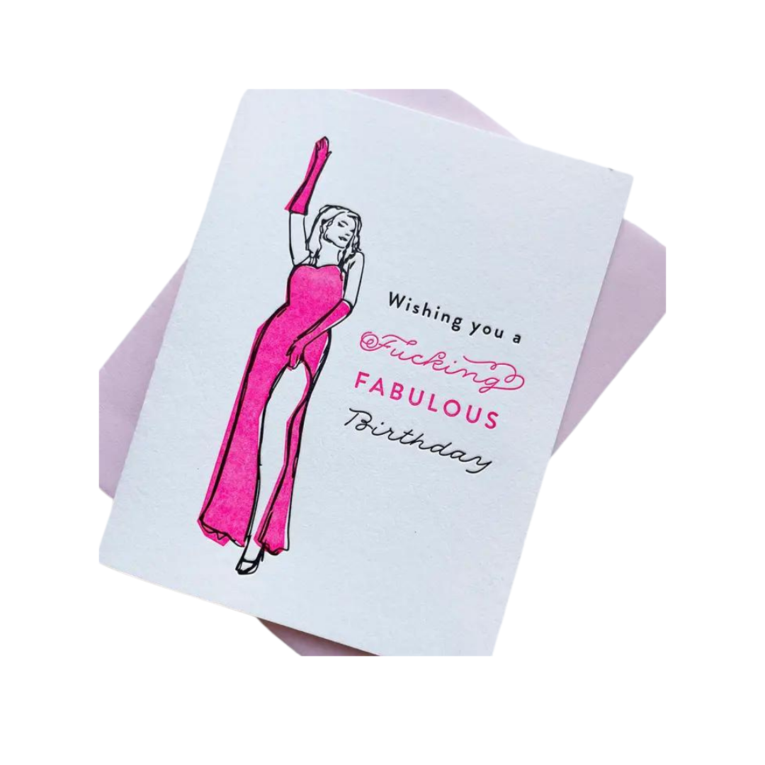 Pink letterpress birthday greeting card with woman in gown for birthday from Parte Haus party supply store in Bethesda Maryland