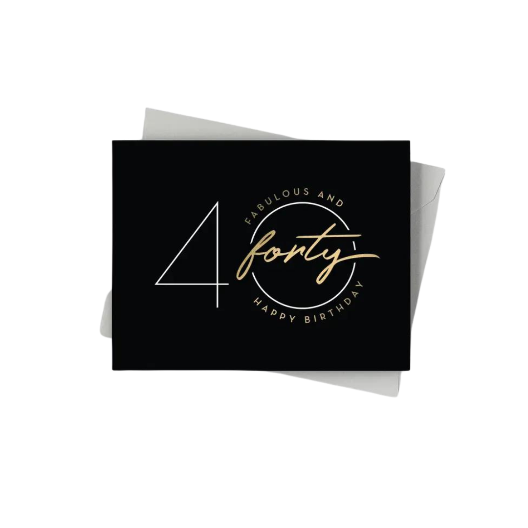 Black gold accent birthday card with forty design for 40th birthday from Parte Haus party supply store in Bethesda Maryland