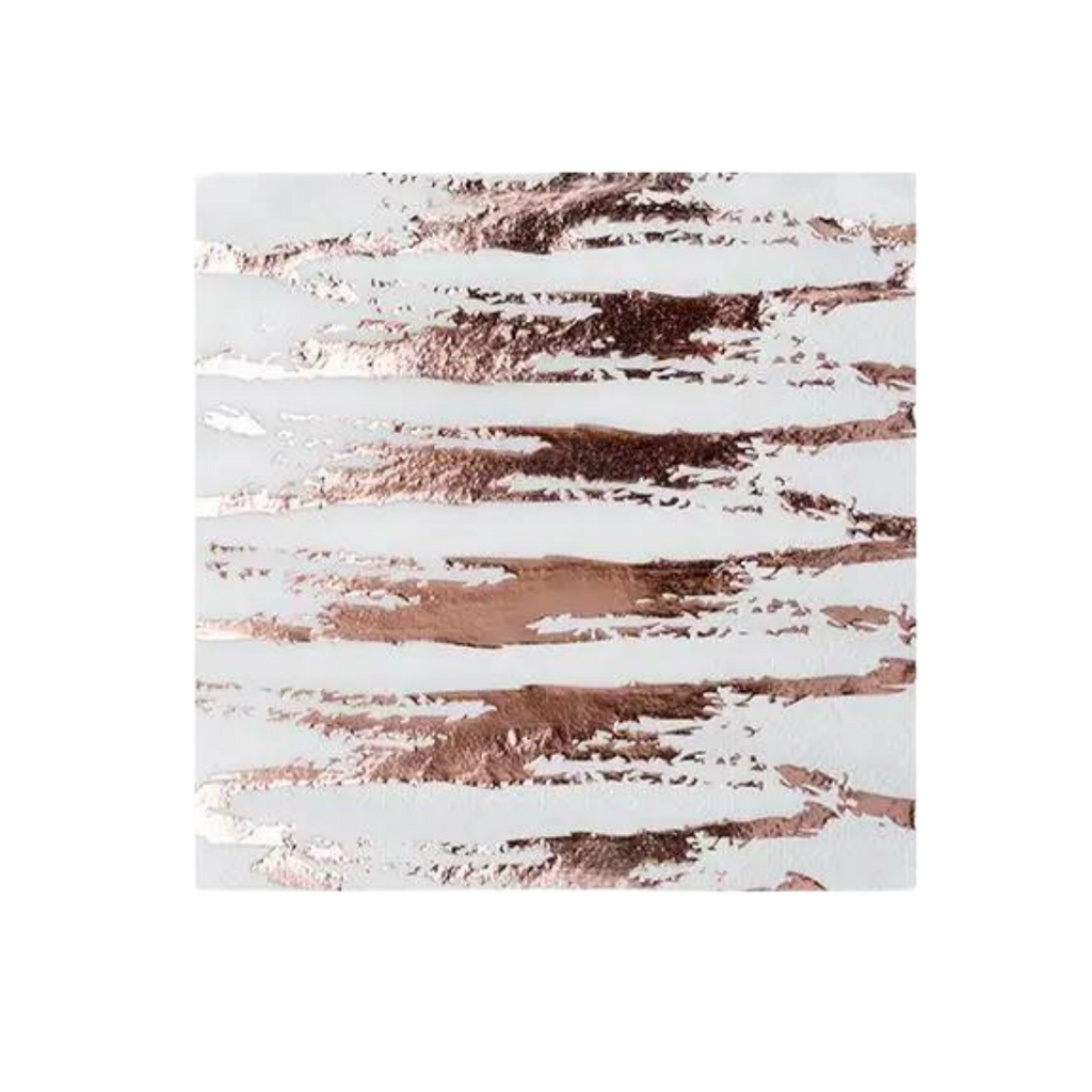 White and rose gold foil cocktail napkin with abstract stripes for celebrations from Parte Haus party supply store in Bethesda MD.