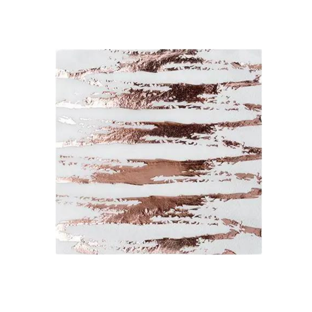 White and rose gold foil cocktail napkin with abstract stripes for celebrations from Parte Haus party supply store in Bethesda MD.