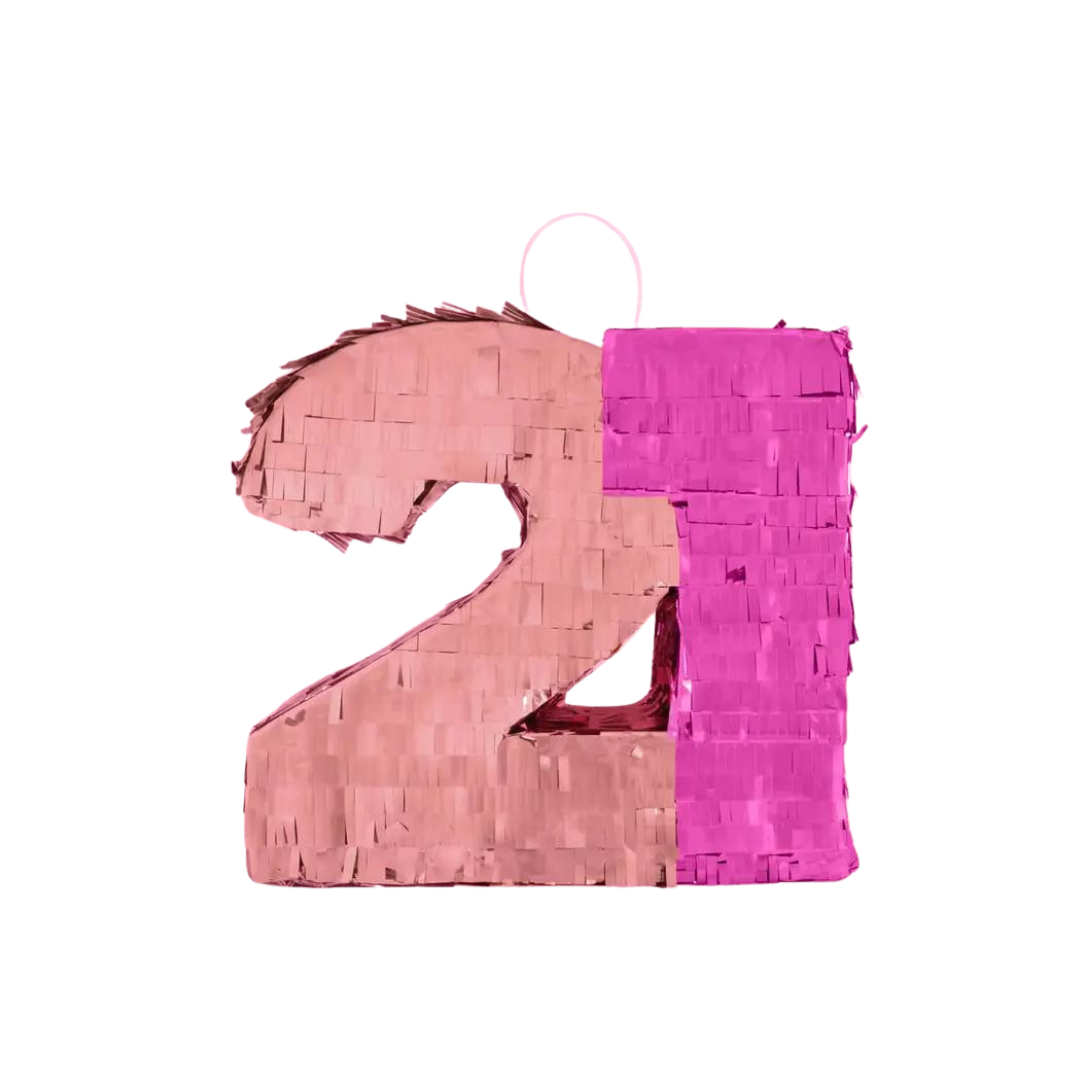 Pink number twenty one pinata with foil accents birthday celebration from Parte Haus party supply store in Bethesda MD