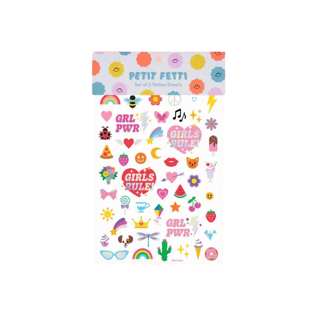 colorful girls rule temporary tattoo sheet cute icons birthday celebration from Parte Haus party supply store in Bethesda MD