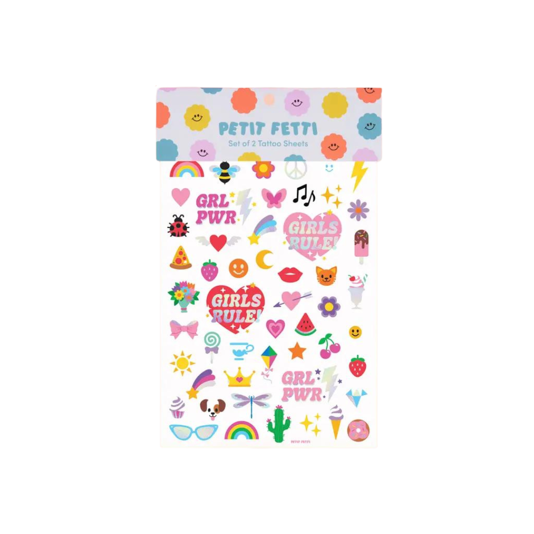 colorful girls rule temporary tattoo sheet cute icons birthday celebration from Parte Haus party supply store in Bethesda MD