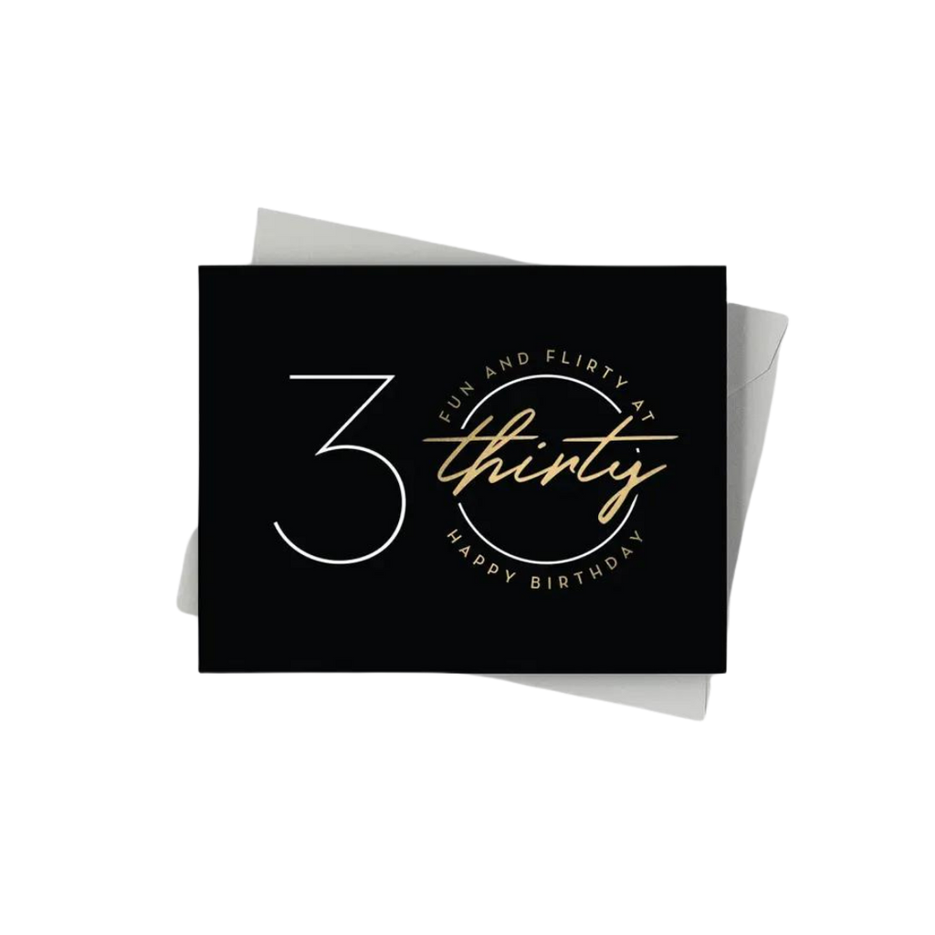 Black and gold birthday greeting card with modern thirty design for birthday from Parte Haus party supply store in Bethesda Maryland
