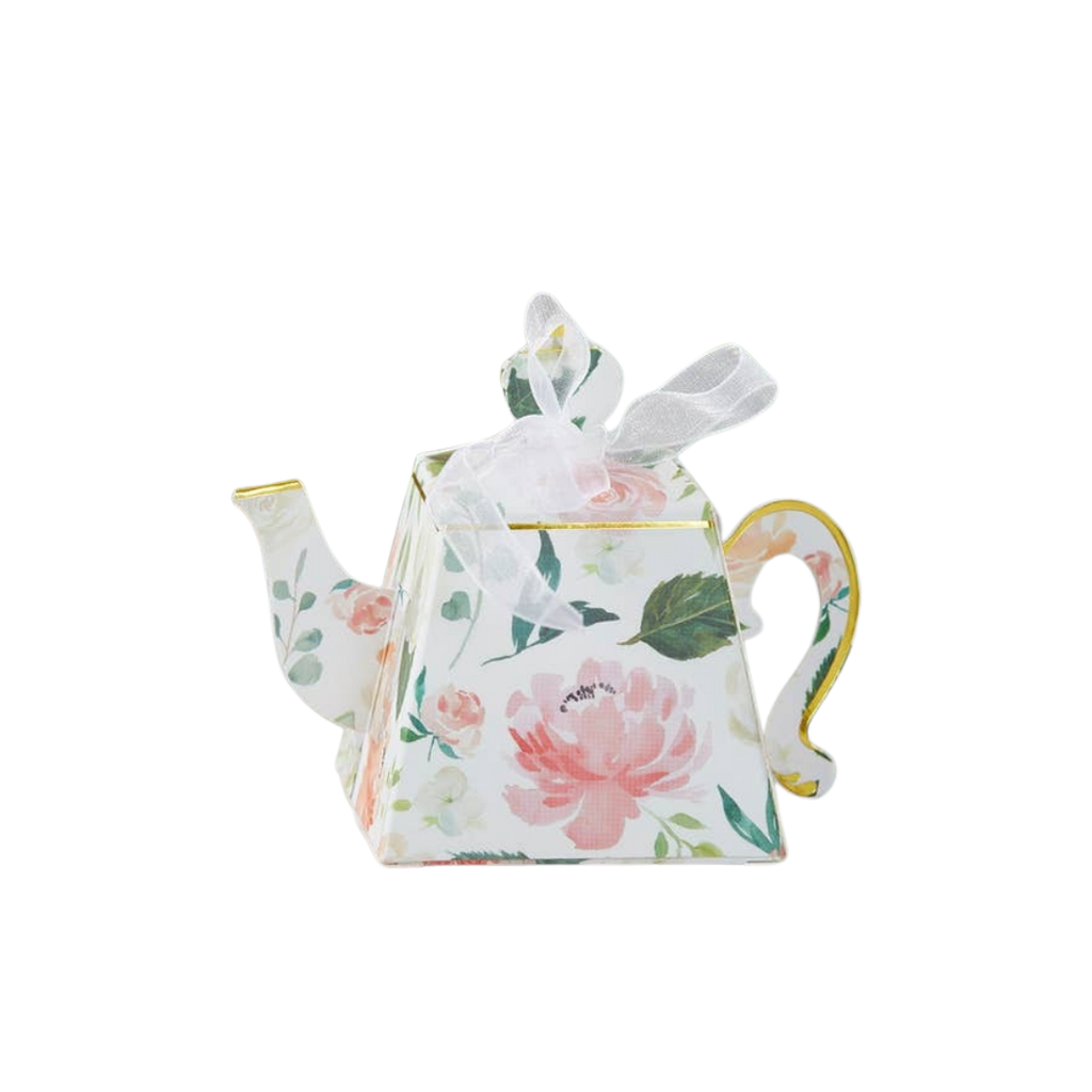 White pink floral teapot favor box with ribbon for tea party from Parte Haus party supply store in Bethesda Maryland