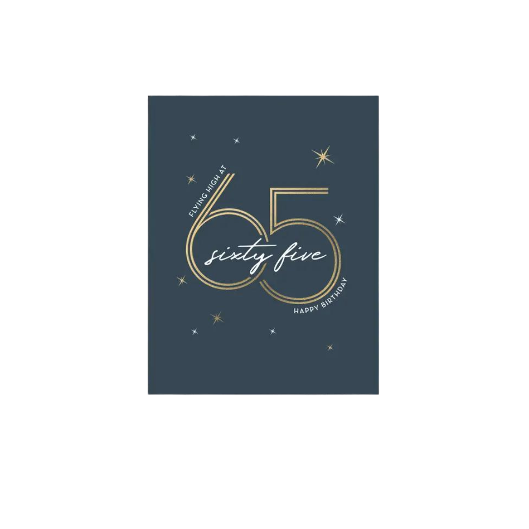 Navy blue birthday greeting card with gold sixty five stars and happy birthday text from Parte Haus party supply store in Bethesda Maryland