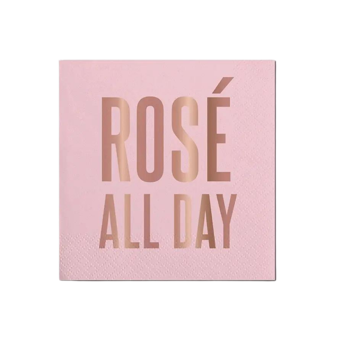 Pink foil beverage napkin with Rosé All Day text brunch theme from Parte Haus party supply store in Bethesda MD
