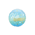 Blue foil balloon with Hello World stars and hearts baby shower theme from Parte Haus party supply store in Bethesda MD