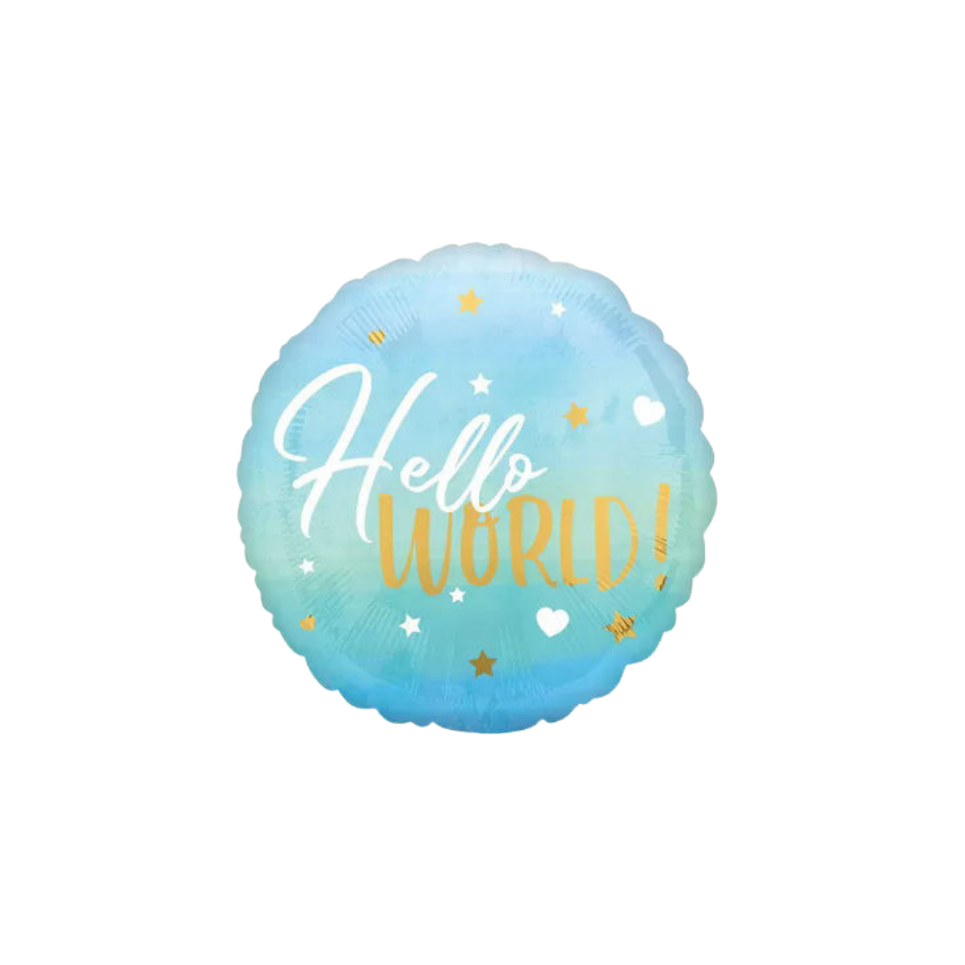 Blue foil balloon with Hello World stars and hearts baby shower theme from Parte Haus party supply store in Bethesda MD