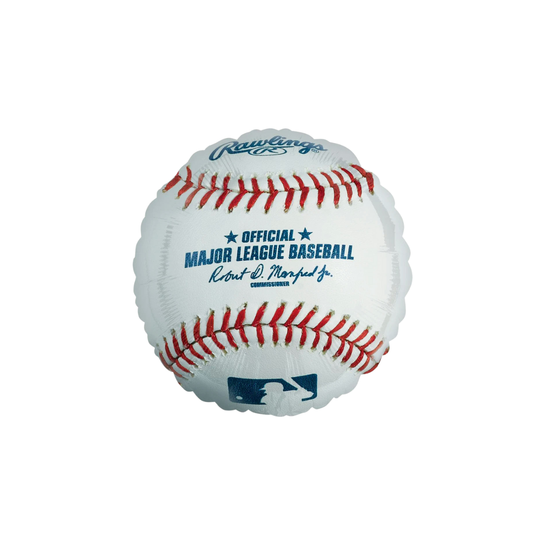 White baseball foil balloon shaped like a baseball for sports theme from Parte Haus party supply store in Bethesda MD.