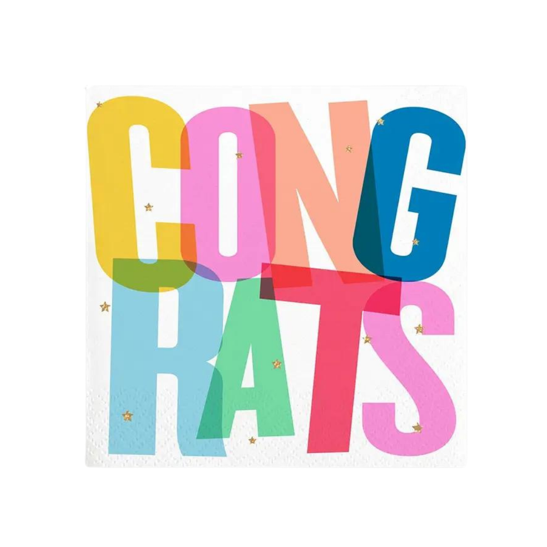 Multicolor Congrats foil napkin with gold stars for celebration from Parte Haus party supply store in Bethesda Maryland